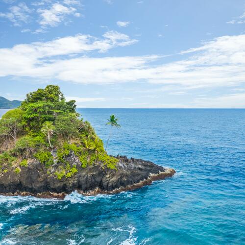 Een rots met palmbomen in de zee aan de kust bij Alega in Amerikaans Samoa