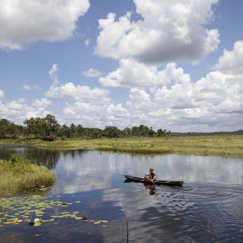 Een man vaart met een kano op een rivier in Guyana