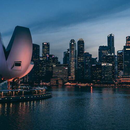 De avondlijke skyline van Singapore.