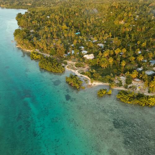 Huisjes en palmbomen langs de oceaan in Vanuatu.