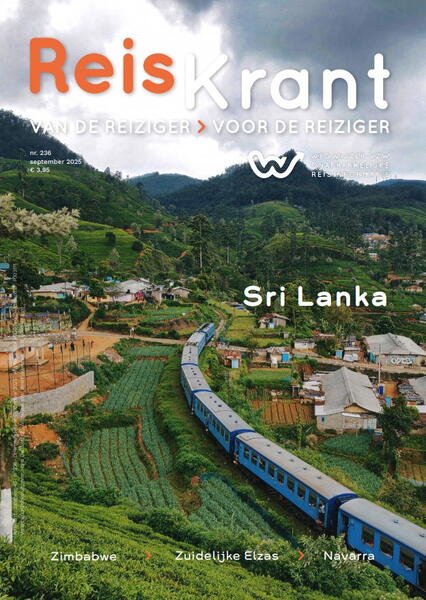 Cover van Reiskrant: trein door landschap met rijsvelden