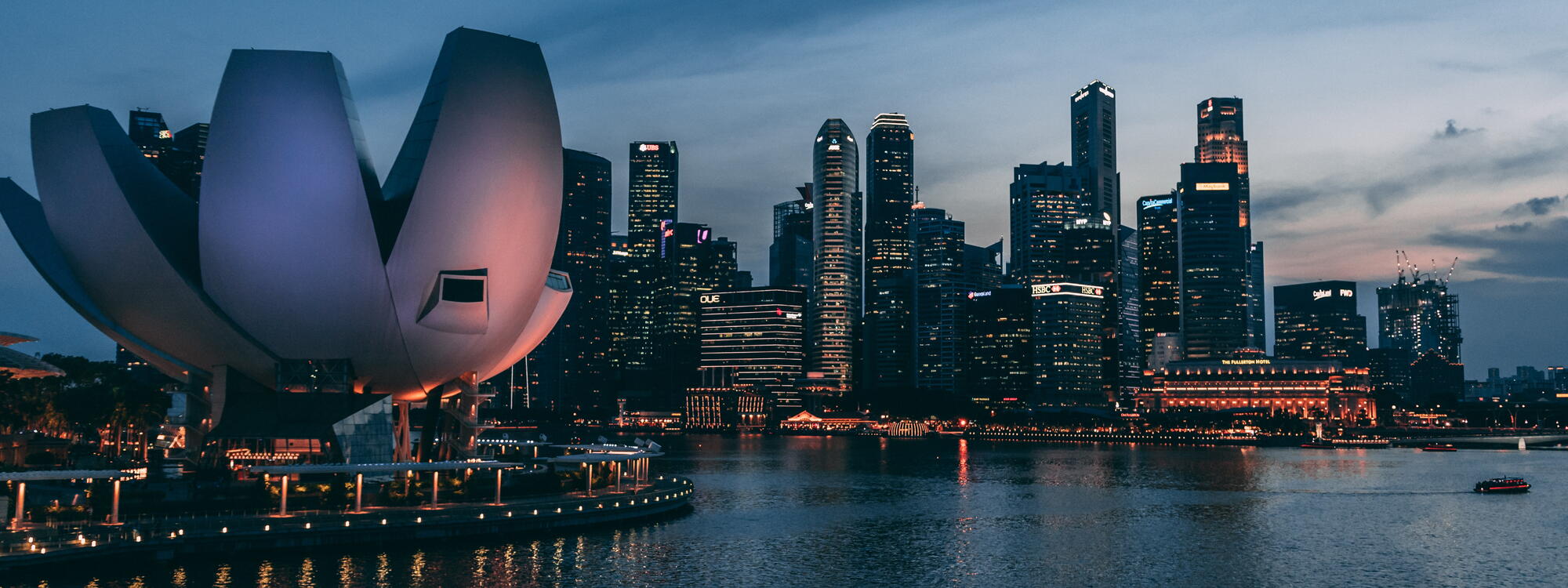 De avondlijke skyline van Singapore.