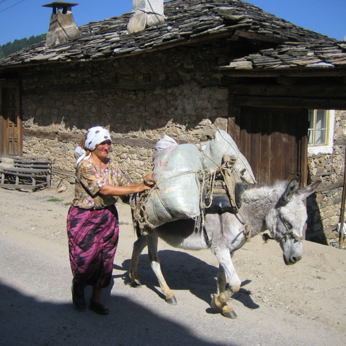 Bulgarije, Rodopi gebergte, straatbeeld in bergdorpje Dolen